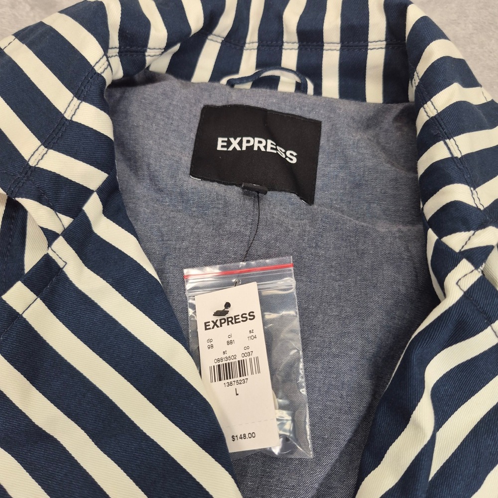 Express Womens Navy Blue White Striped Double Breasted Trench Coat Belted Large - Picture 3 of 11